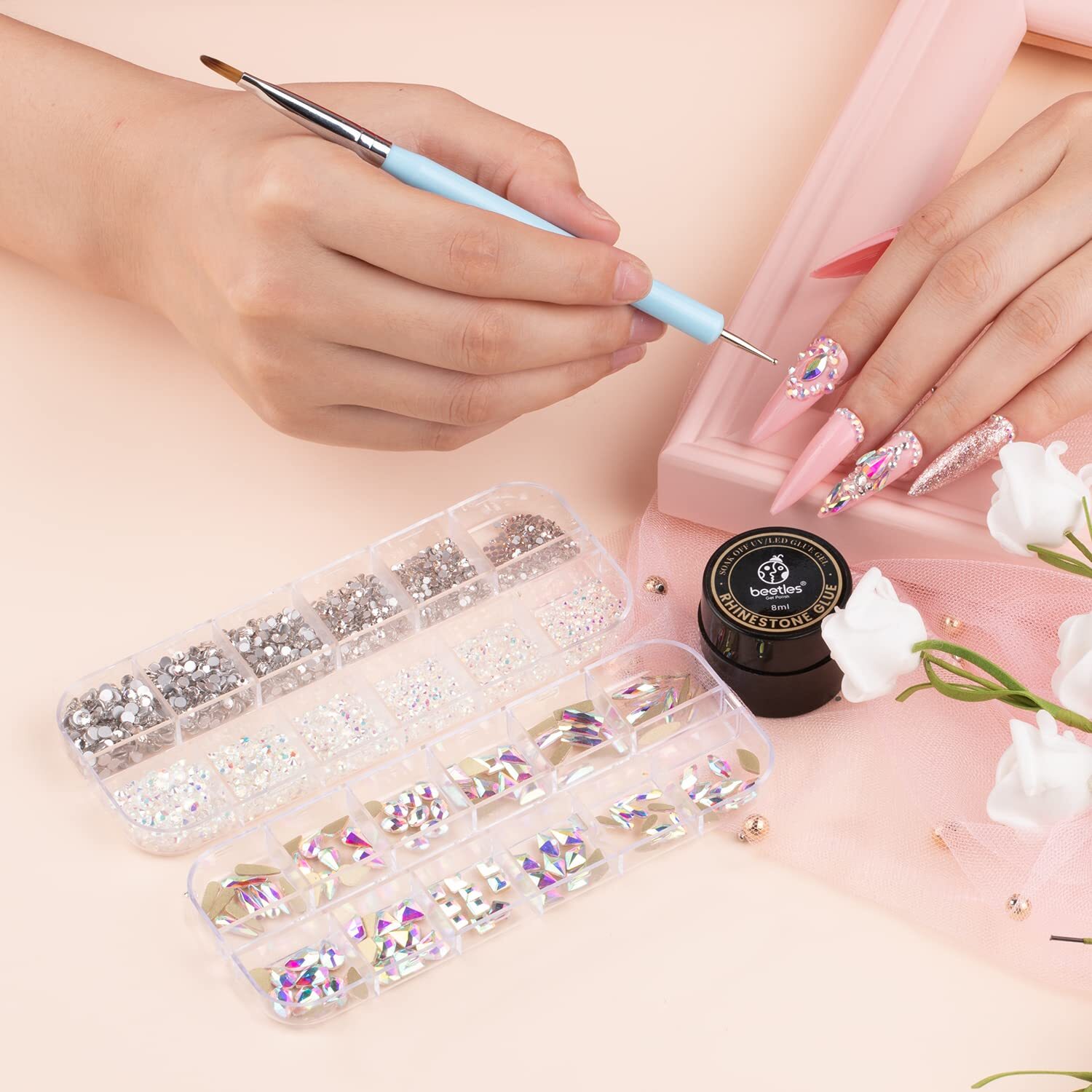 Nail Art Rhinestones Kit 3D Flat Back Glass Crystal Gemstones for Nails