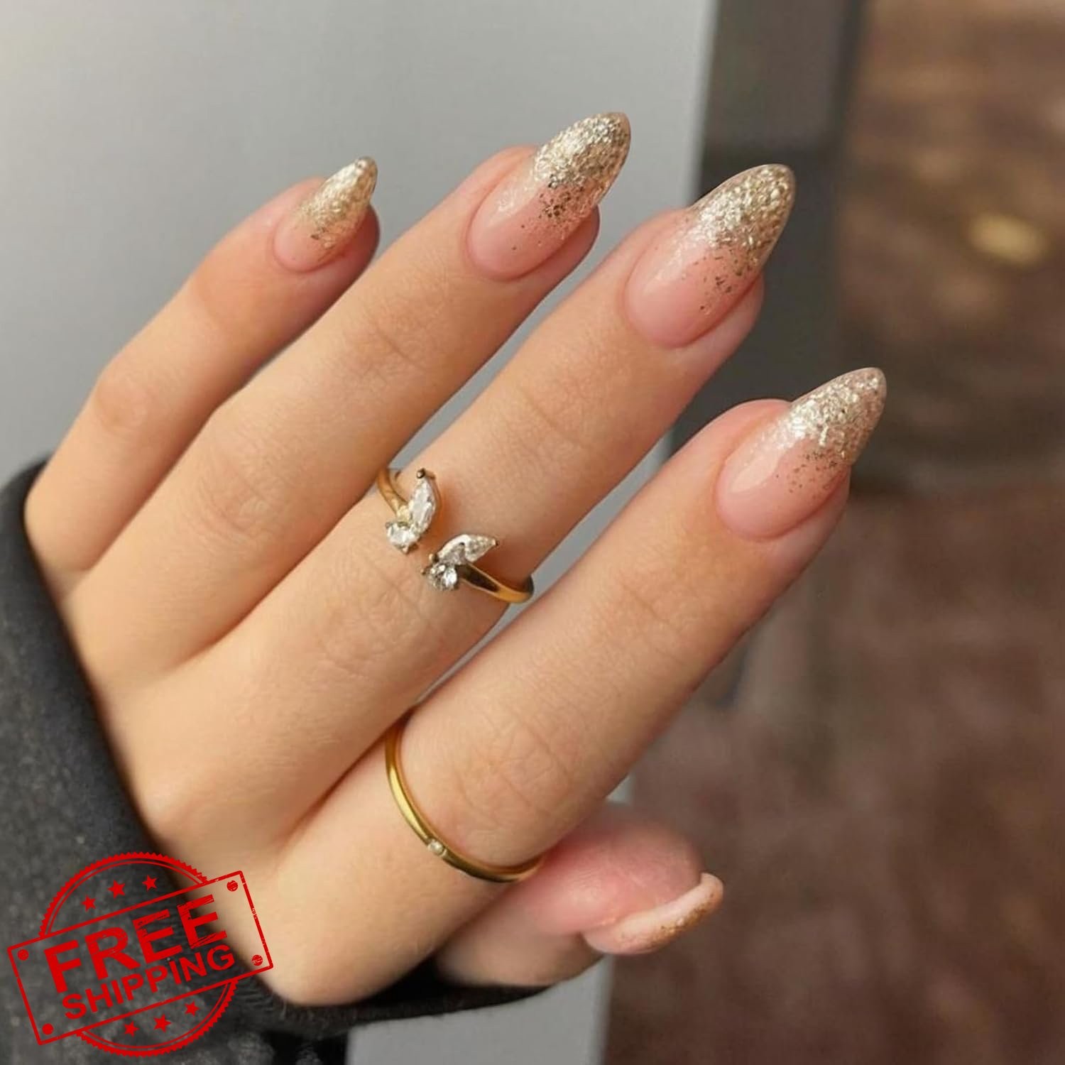 SEMATA Almond Nude Press on Nails Gold Glitter Ombre Medium 24Pcs