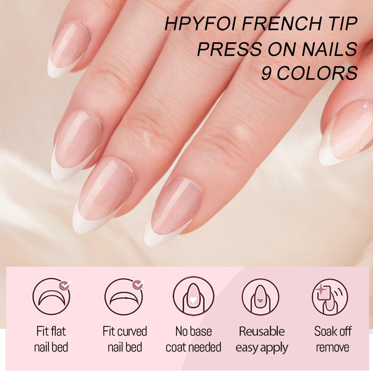 White French Tip Press on Nails Bulk,Short Almond Fake Nails in 9 Base Colors…