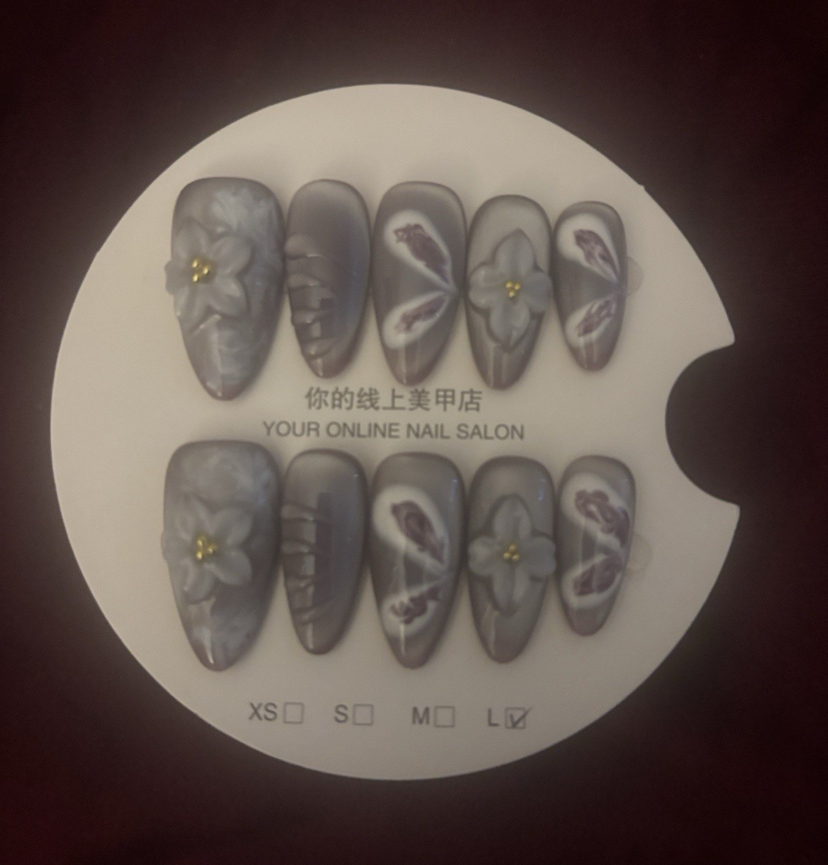 Press-On Nails Set Gray/Purple/White 3D Flowers Pre-Designed Long Coffin
