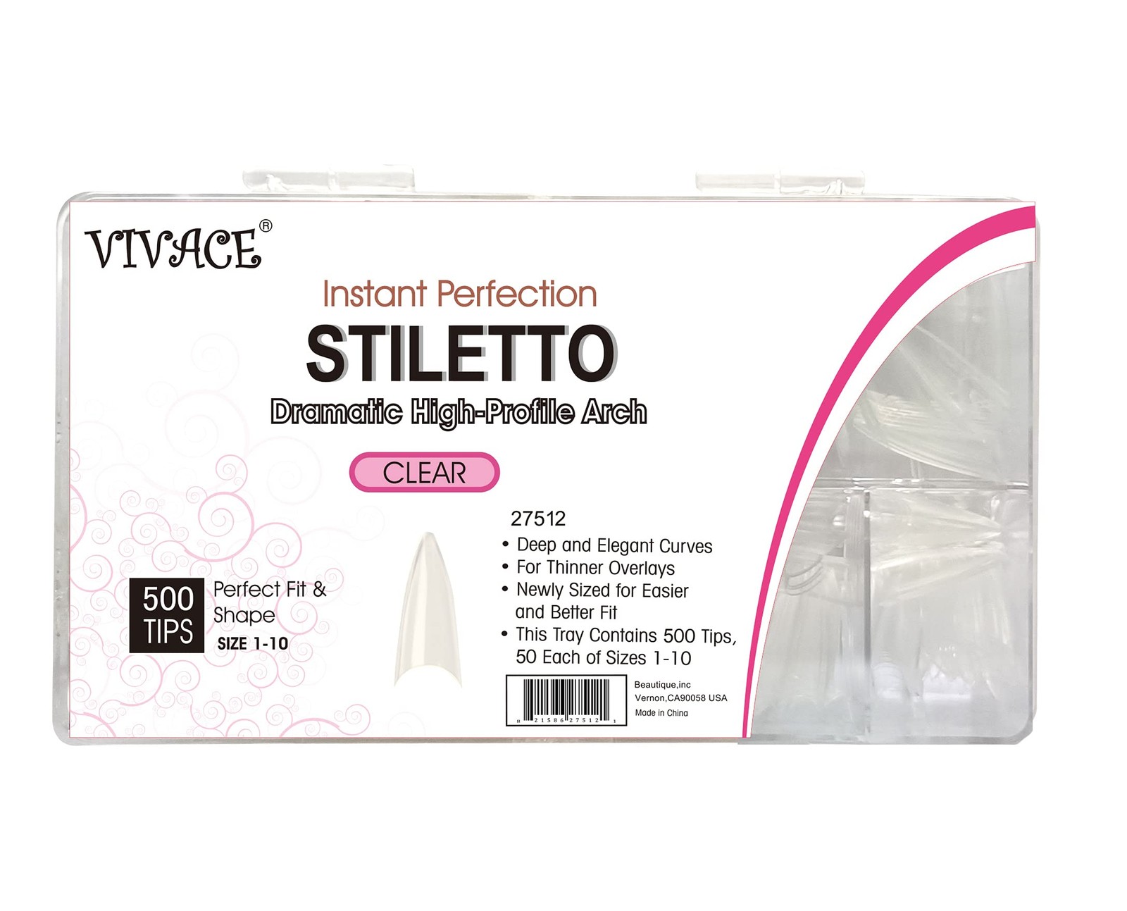 VIVACE Clear Stiletto 500 Acrylic False Fake Gel 500 Piece Assortment,
