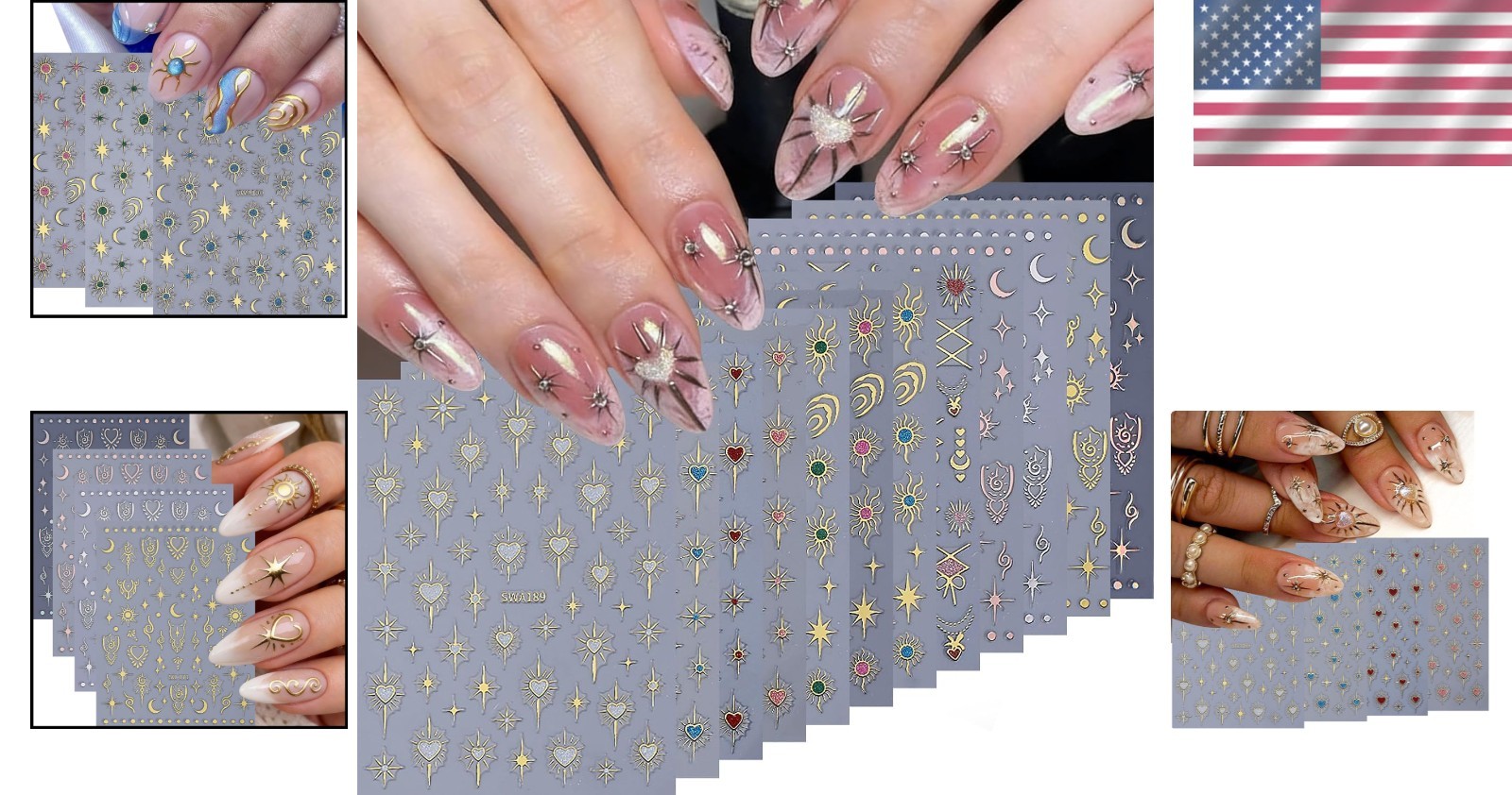 Elegant Holographic Nail Decals – 12 PCS Sun Heart & Stars for Every Occasion