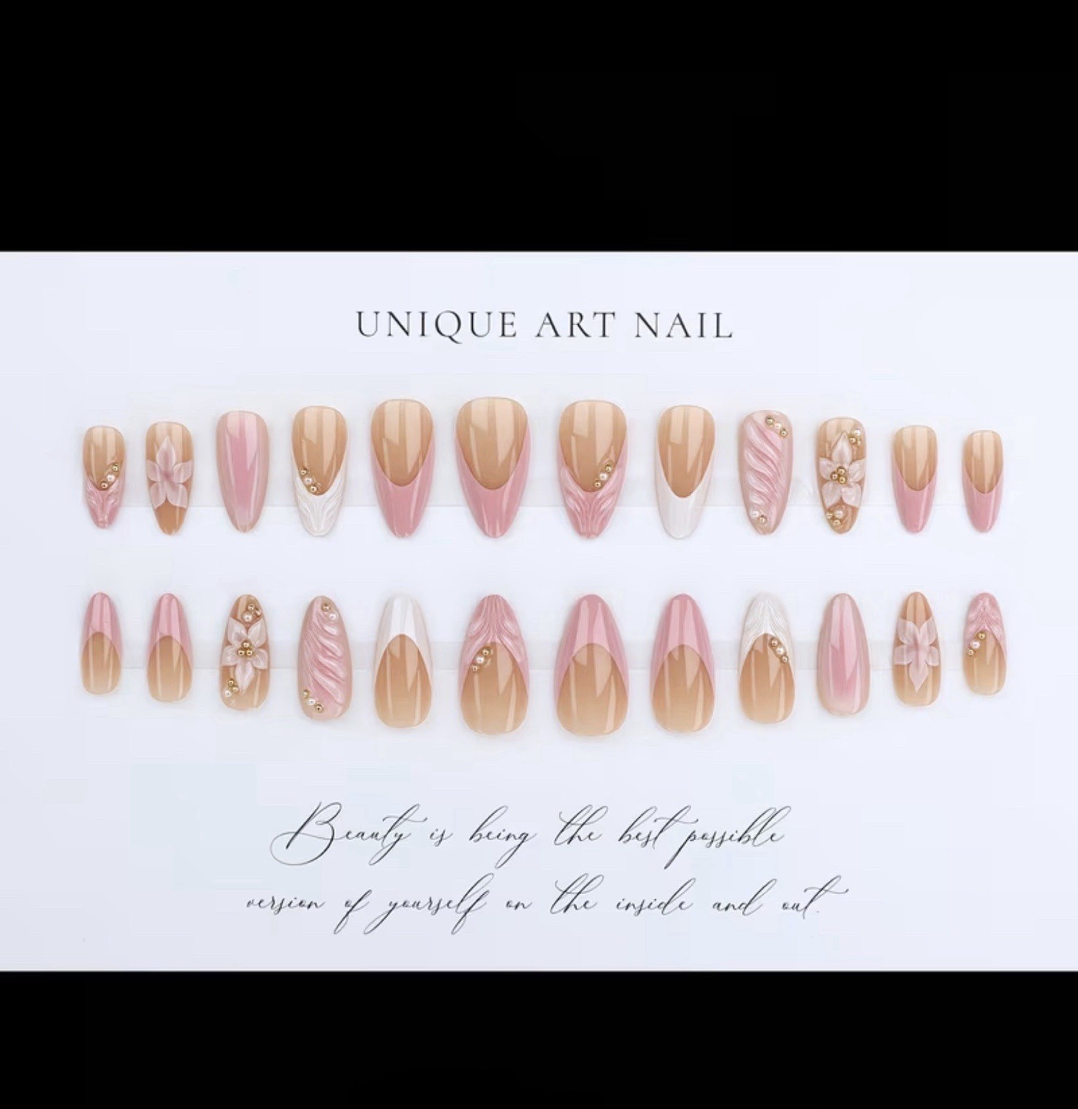 Unique Art Pink White Gold 3D French Almond Gel Flower Press-On Nails Set