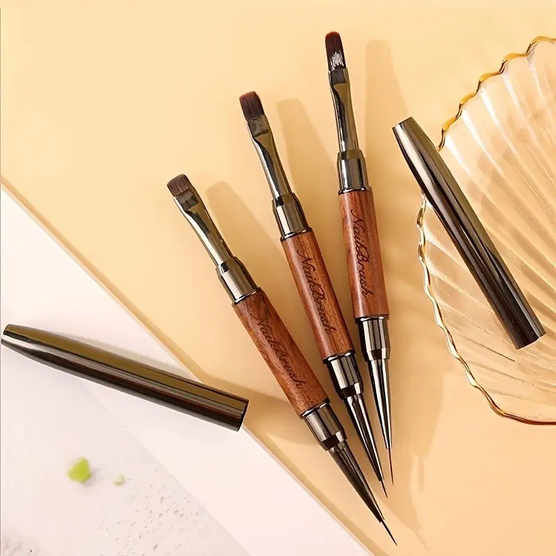 Sandalwood Handle Double-Ended Nail Art Brushes | Gel UV Acrylic Painting & Line