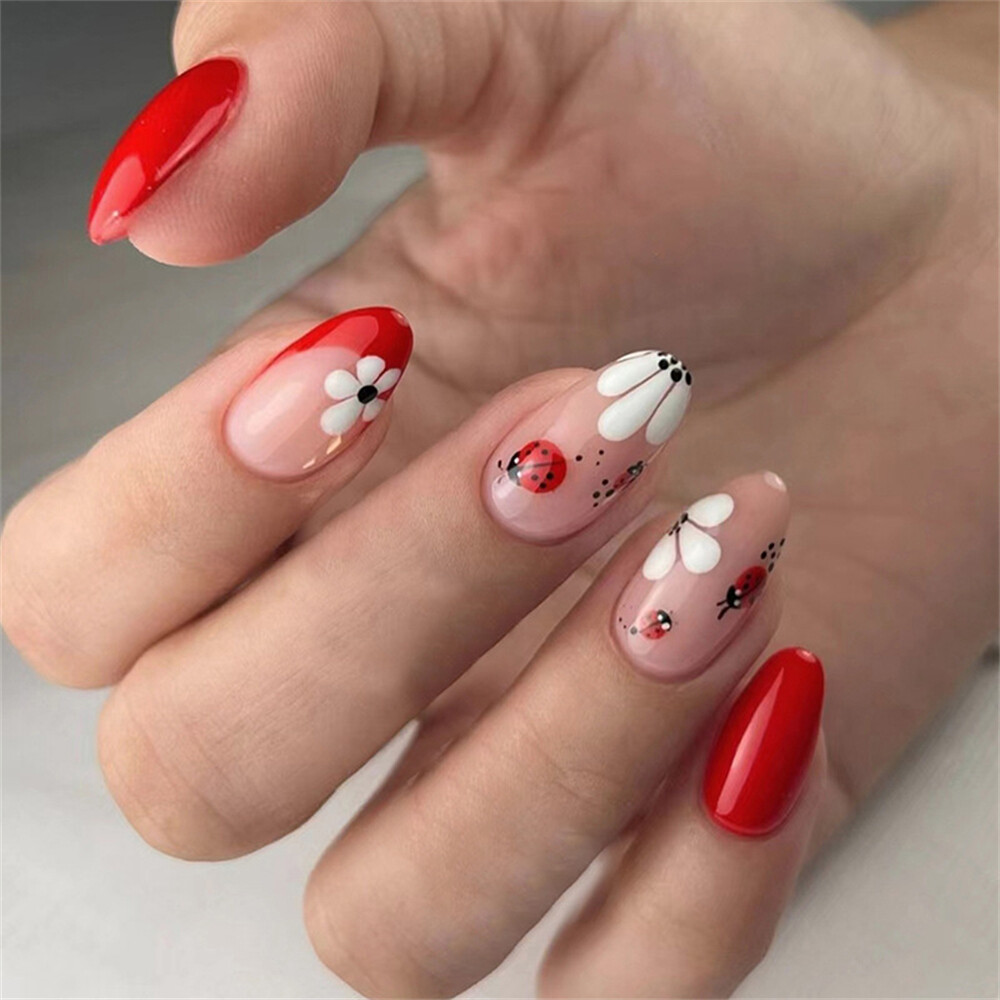 Cute Animal Flowers False Nail Short Almond Press on Nails for Nail Art 24pcs