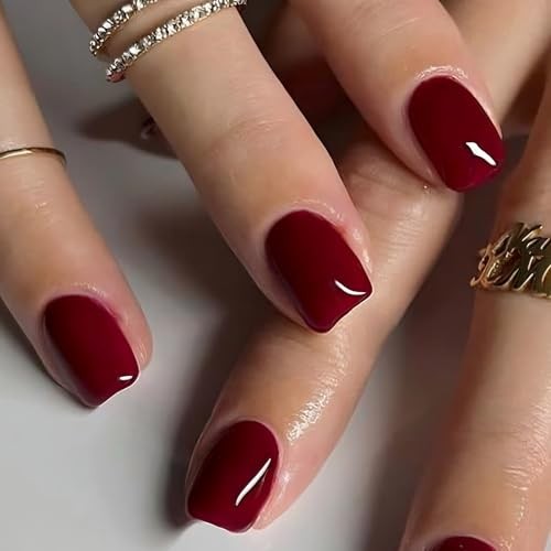 Burgundy Wine Red Short Press On Nails, Glossy Deep Red Fake Nails, Natural