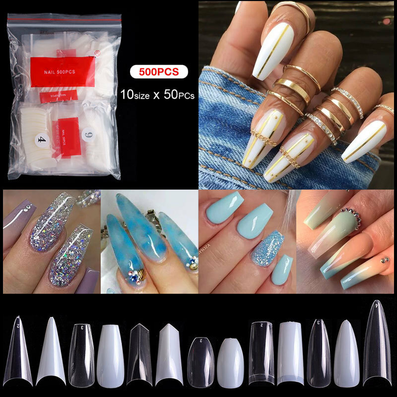 500Pcs French Acrylic False Nail Tips Coffin Stiletto Almond Nails Natural Clear