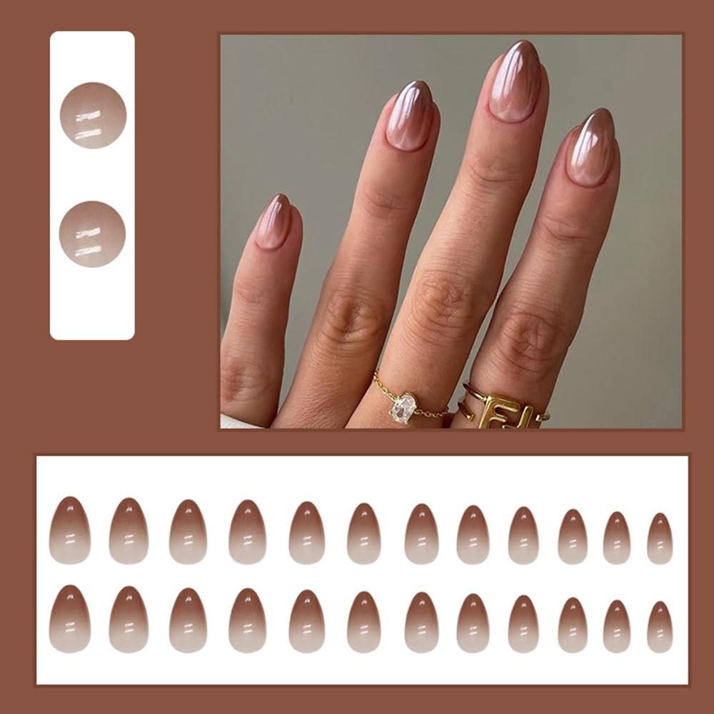24Pcs Brown Press on Nails Short Almond Fake 1 Fl Oz (Pack of 1), 1