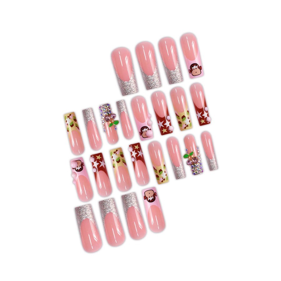 48pcs-Playful Pink Coffin Nails with Bubblegum Monkey Print, Stars and Crystals