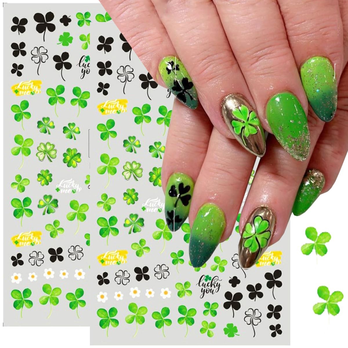 8Pcs St. Patrick’s Day Nail Art Stickers,Green Shamrock 3D Design 18