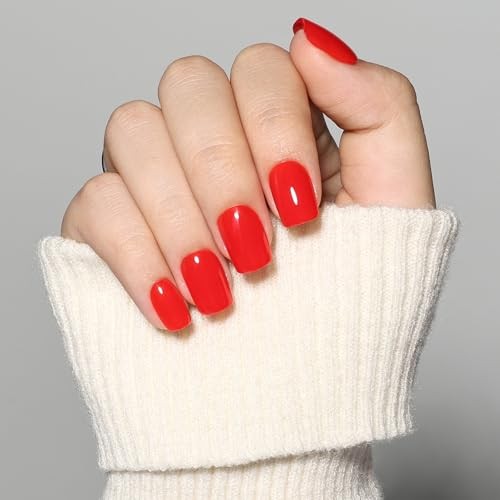 Red Press On Nails Short Square, Bright Red Glossy Fake Nails A2-Classic Red