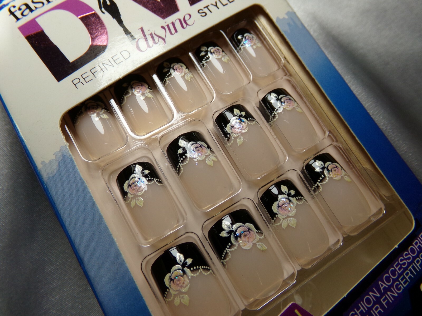 Broadway Nails for Kiss Pink & White Rose on Black French Glue On Medium
