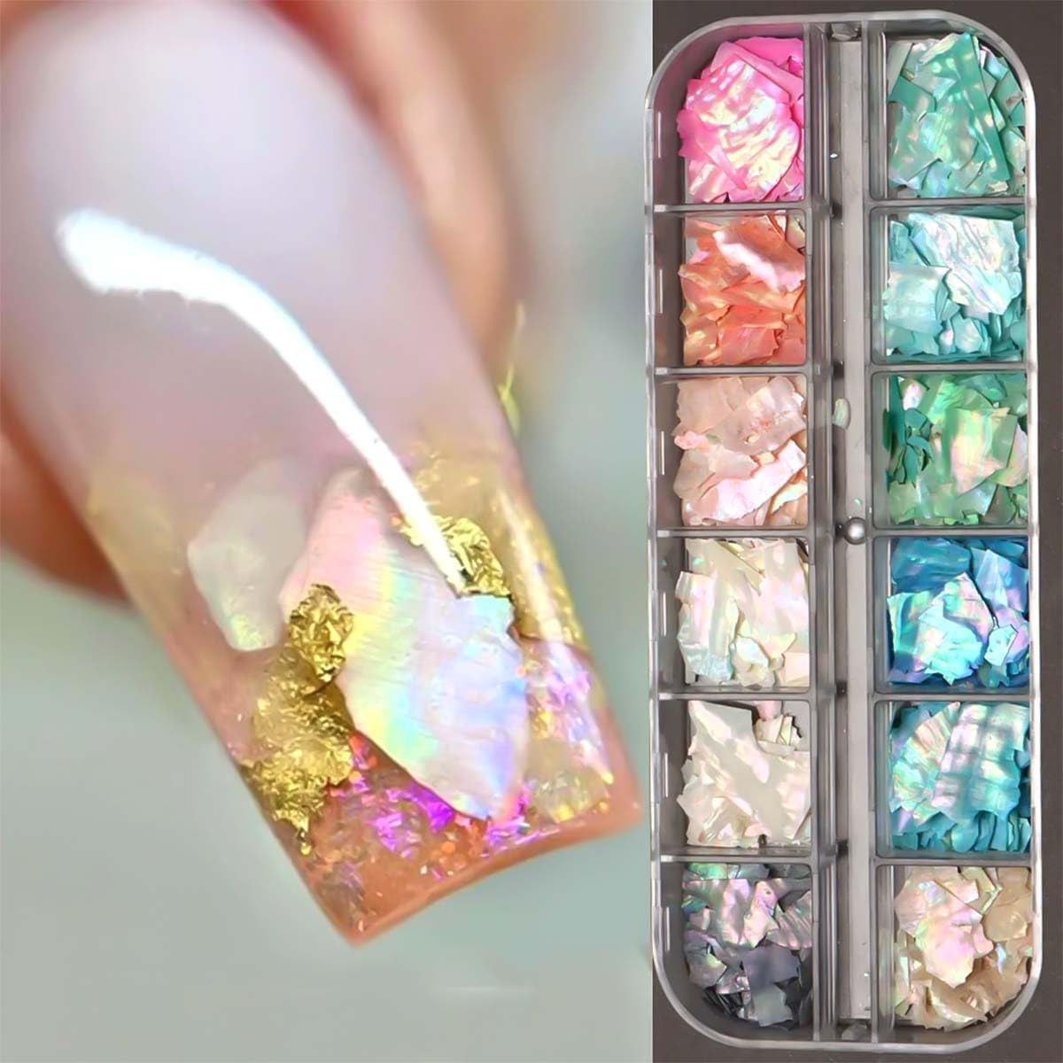 Aurora Shell Nail Glitter Flakes,Holographic Irregular Abalone Slices Sea Shell
