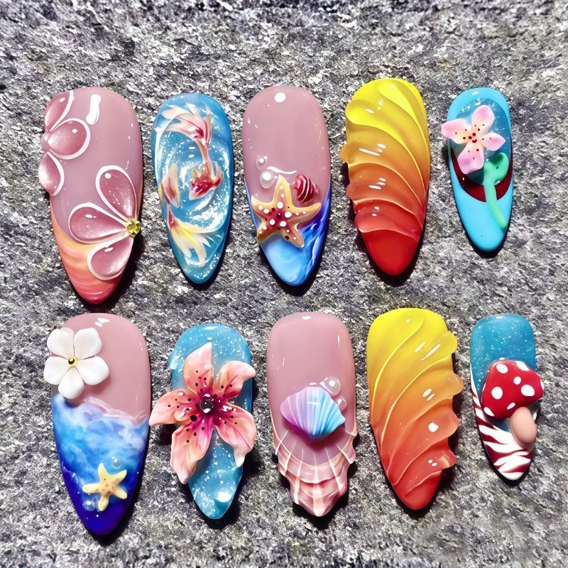 30Pcs-Colorful Fake Nails Medium Almond Ocean Goldfish Mushroom Tropical Nails