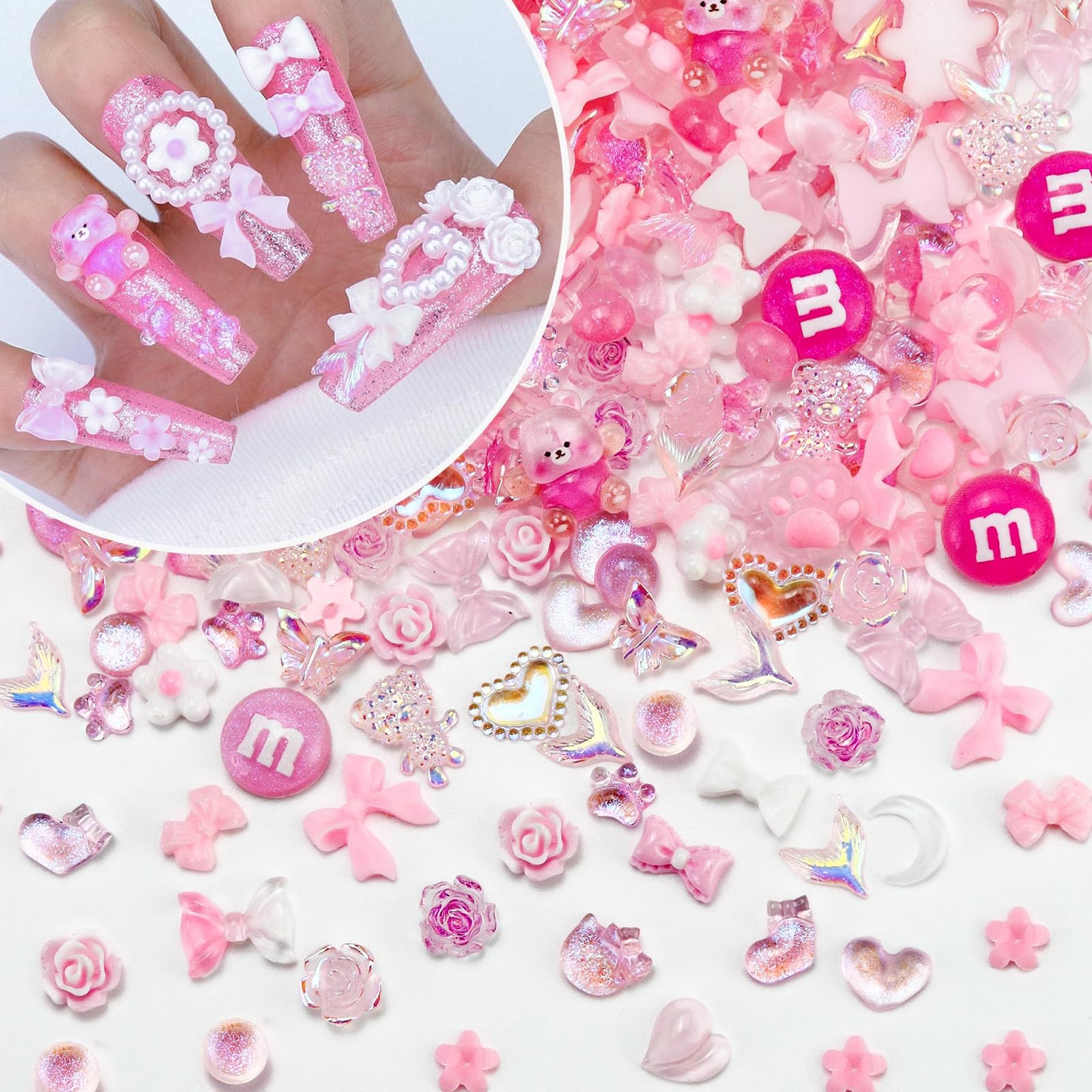 320PCS Pink Assorted Mix 3D Nail Charms, Cute Resin Charms for Acrylic Nail Deco