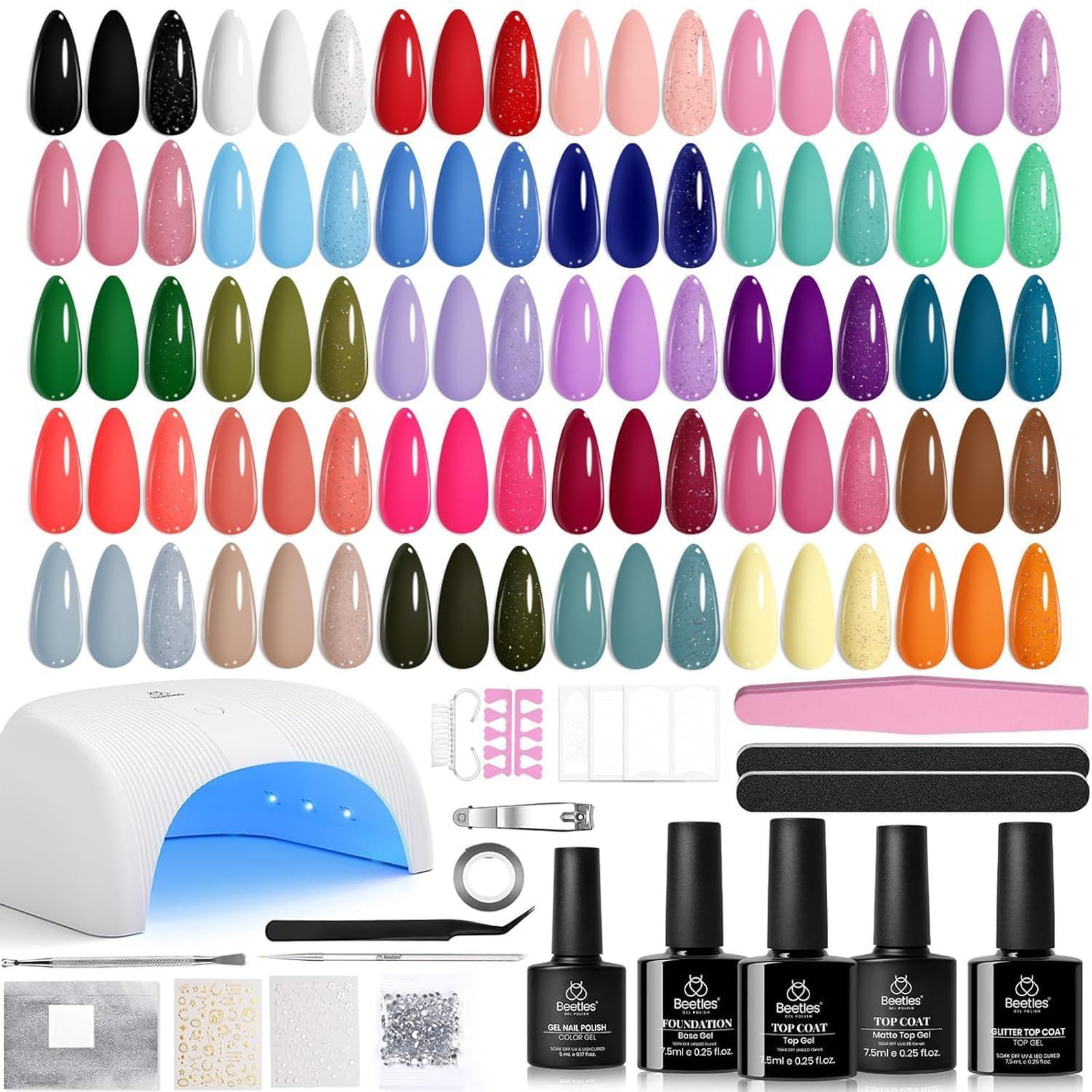 Gel Nail Polish Kit with UV Light, 54 Pieces, 32 Colors, Base and Top Coat, Soak