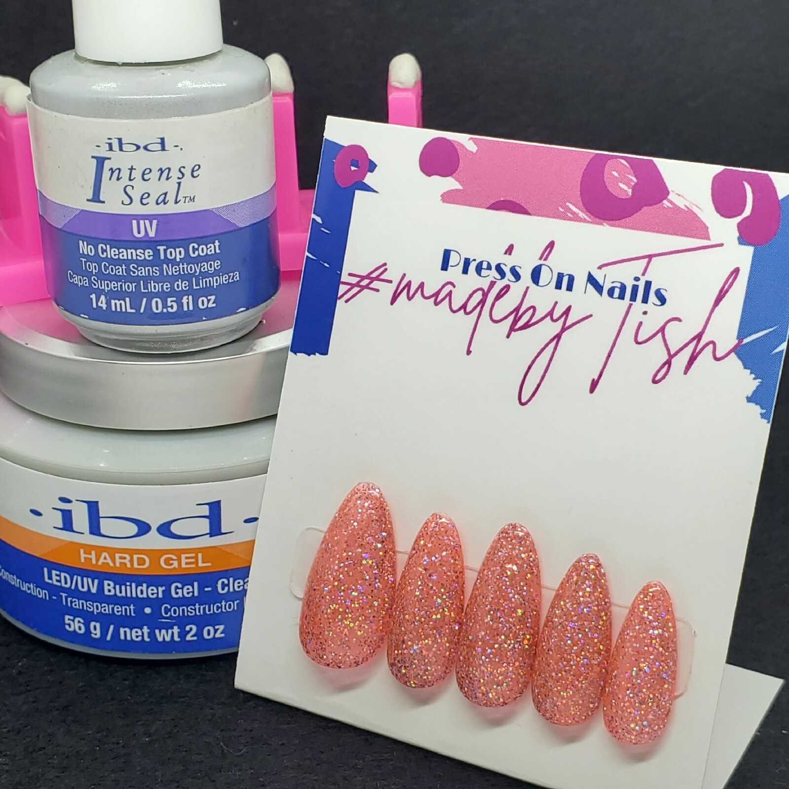 #178 Peach Pink Holo Glitter Press On Nails | Handmade | Hard Gel Glue on Nails