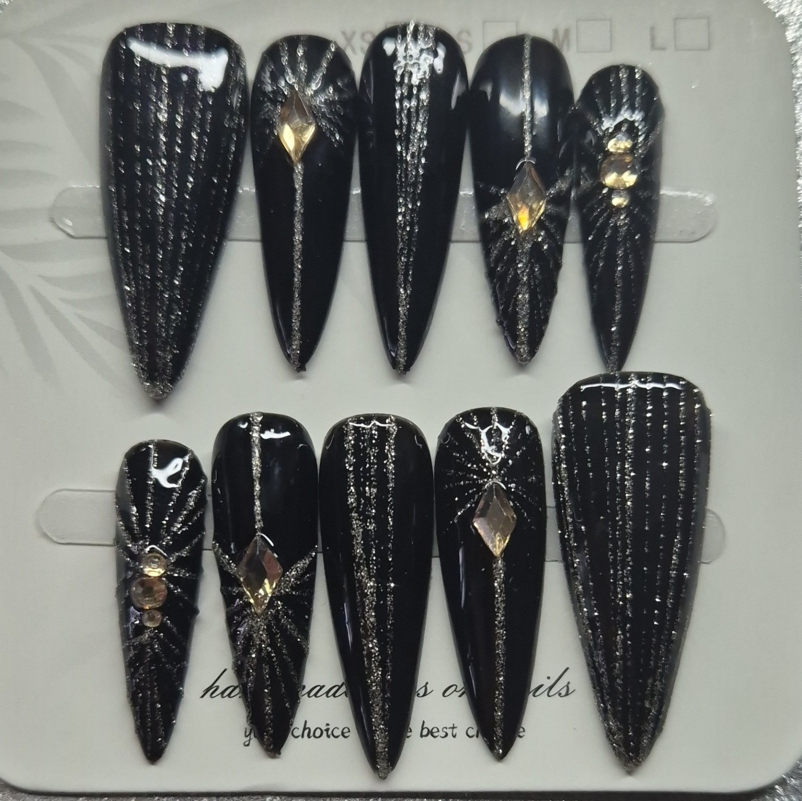 Black Silver Glitter 3D Rhinestone Coffin Press-On Nails Set Full Cover Long