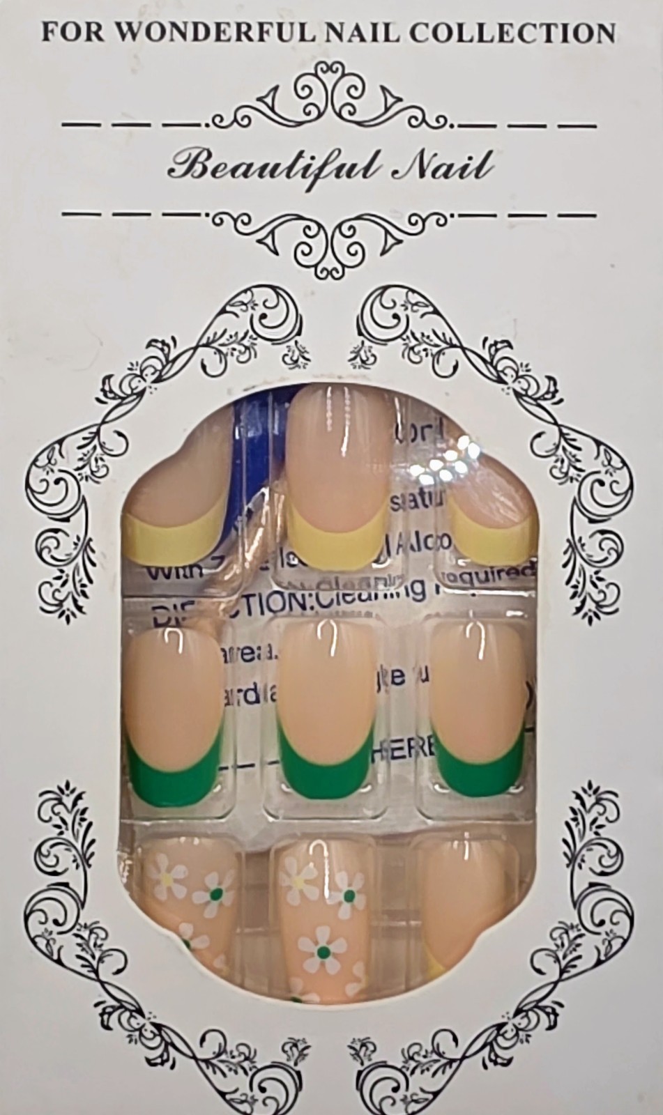 Short Squoval Yellow/Green French Tip Floral Acrylic Nails 24Pcs w/Adhesive Tabs