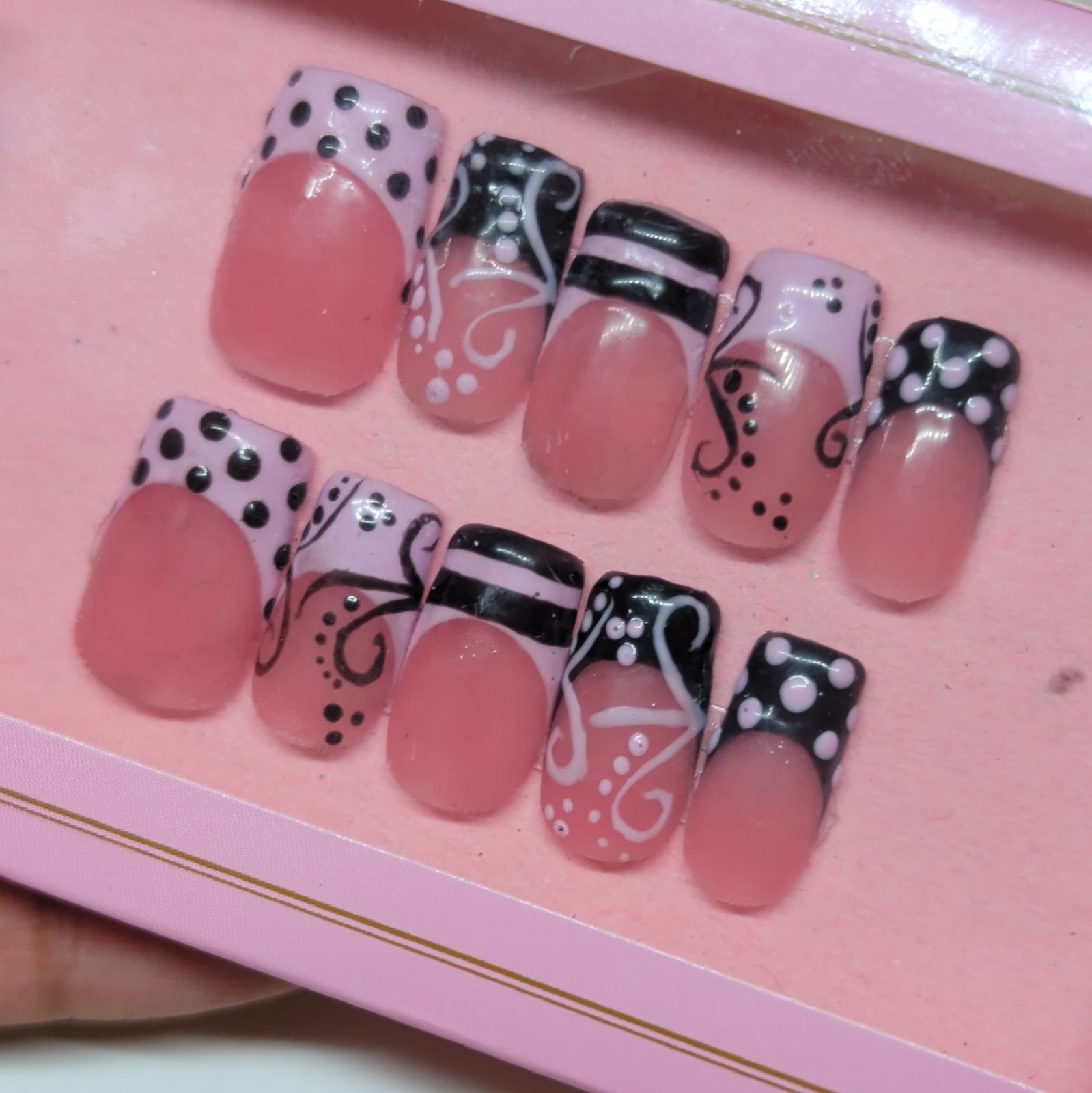 10 Piece Short Square Press-On , French, Pink Black White Polka Dot, Handmade