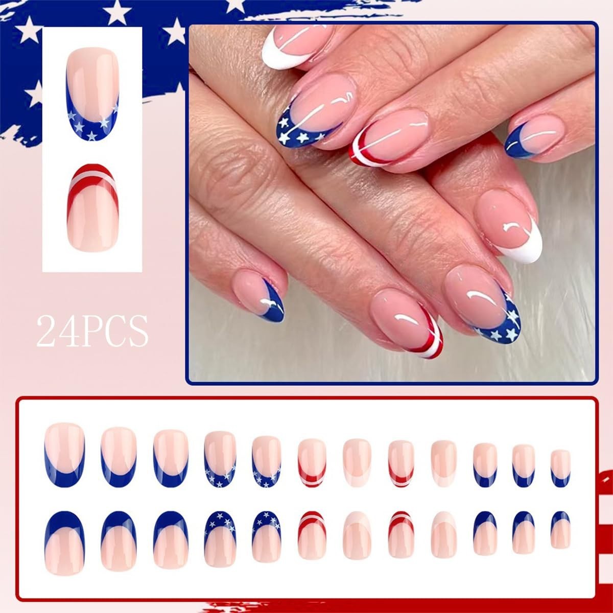 24Pcs French Tip Press on Nails Red Blue White Fake Nail Set for 4th of July
