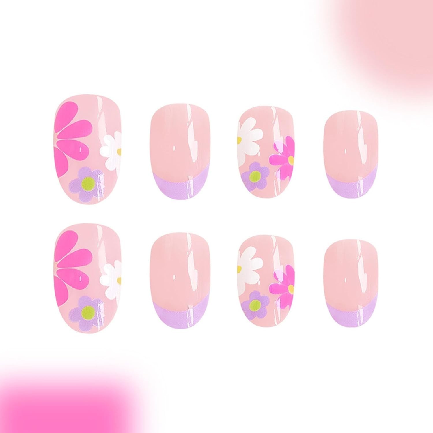 Custom Fit Floral Short Almond Press On Nails – 24 Pcs in Glossy Pink – Easy Use