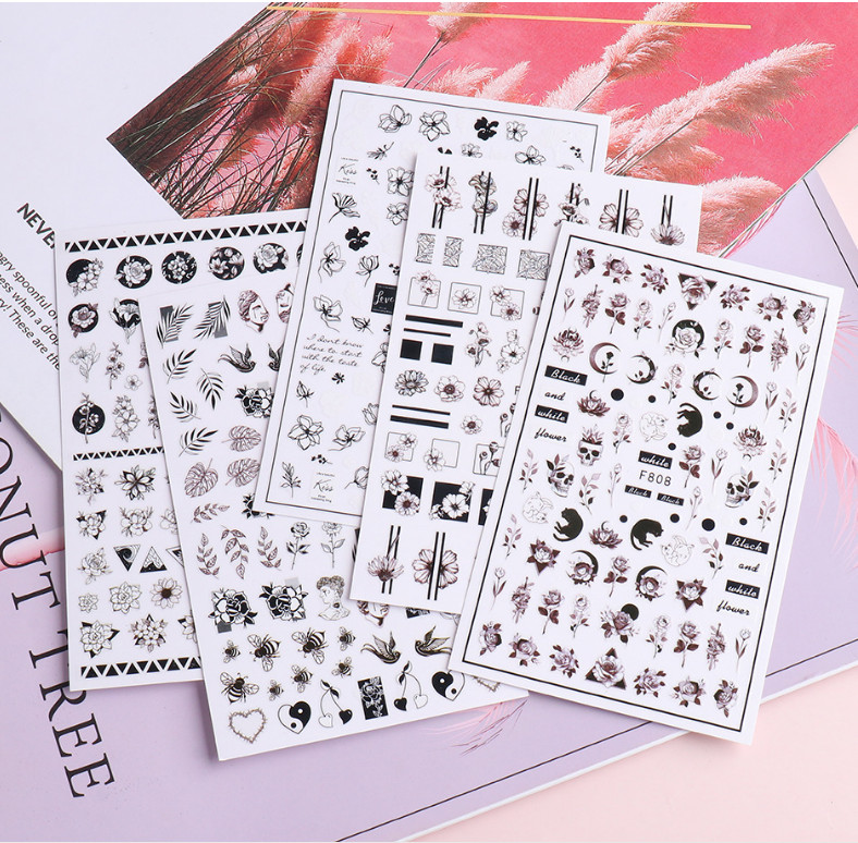 Nail Art Decoration Black White Flower Nail Decals Self Adhesive stickers NS3