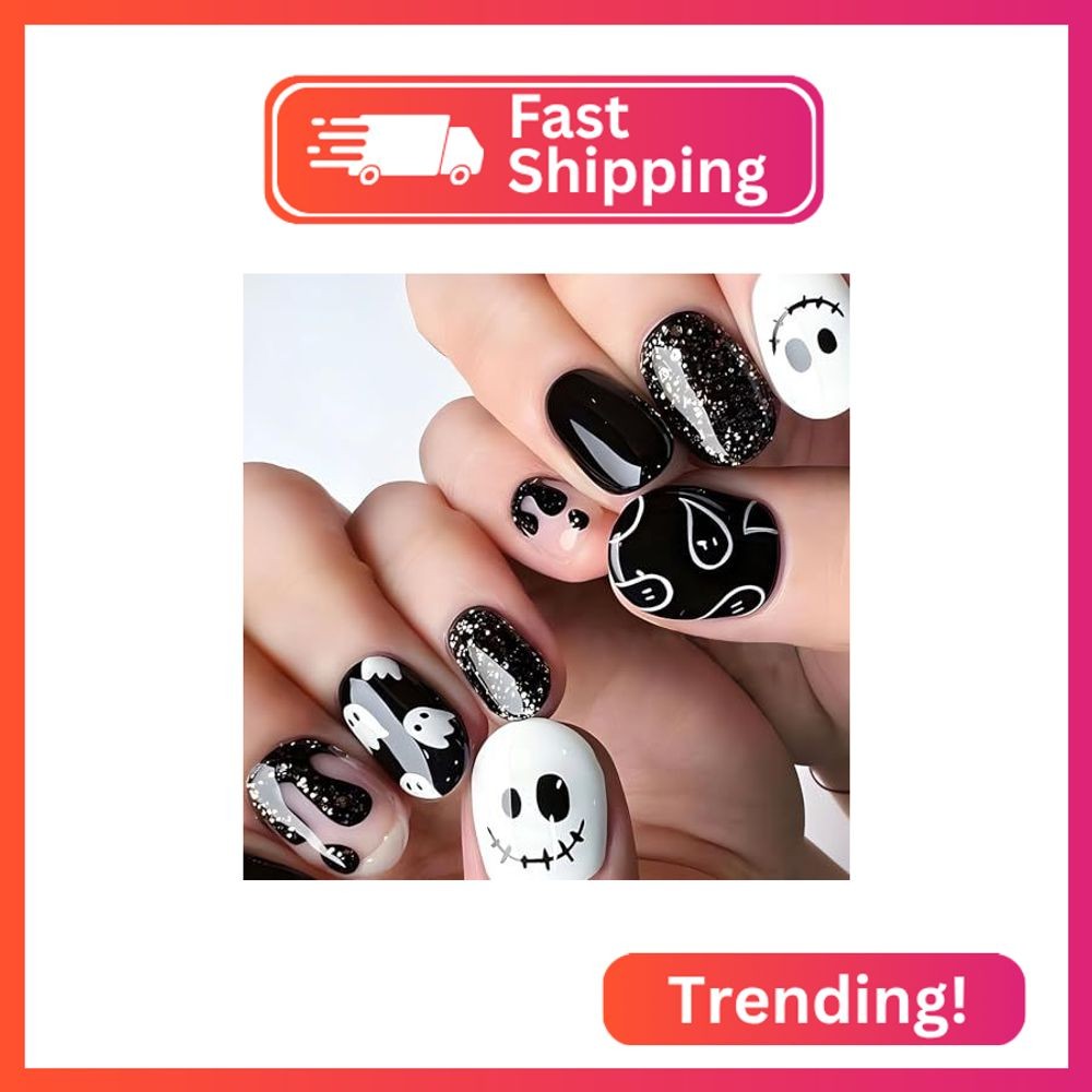 OHWODA Halloween Press on Nails Short Square Halloween Fake Nails Black White Gh