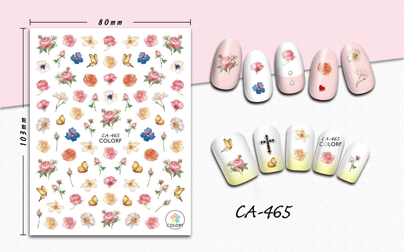 Nail art 3D stickers decal pink roses white blue flowers butterflies CA465