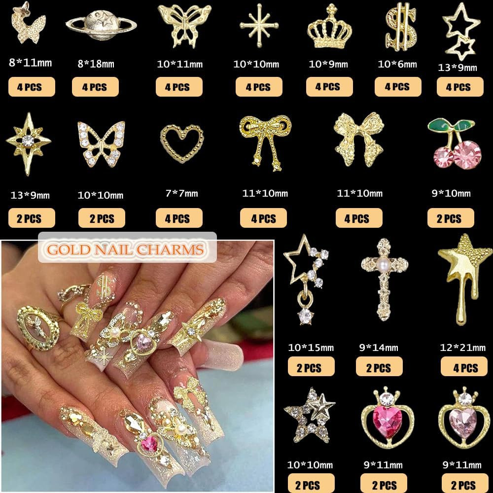 120 Pcs Silver Gold Nail Charms 3D Butterfly Cherry Star Bow Cross Planet Crown