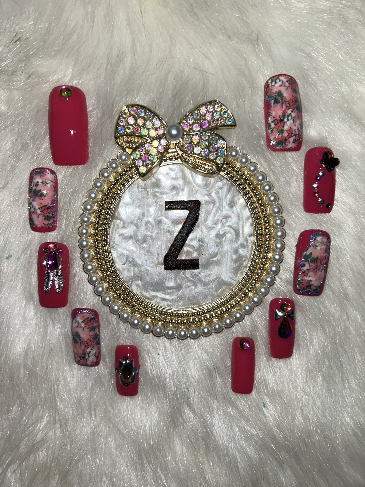 Z NAILZ! Handmade Dark Pink M Square Floral Transfer Bling Press On Nails