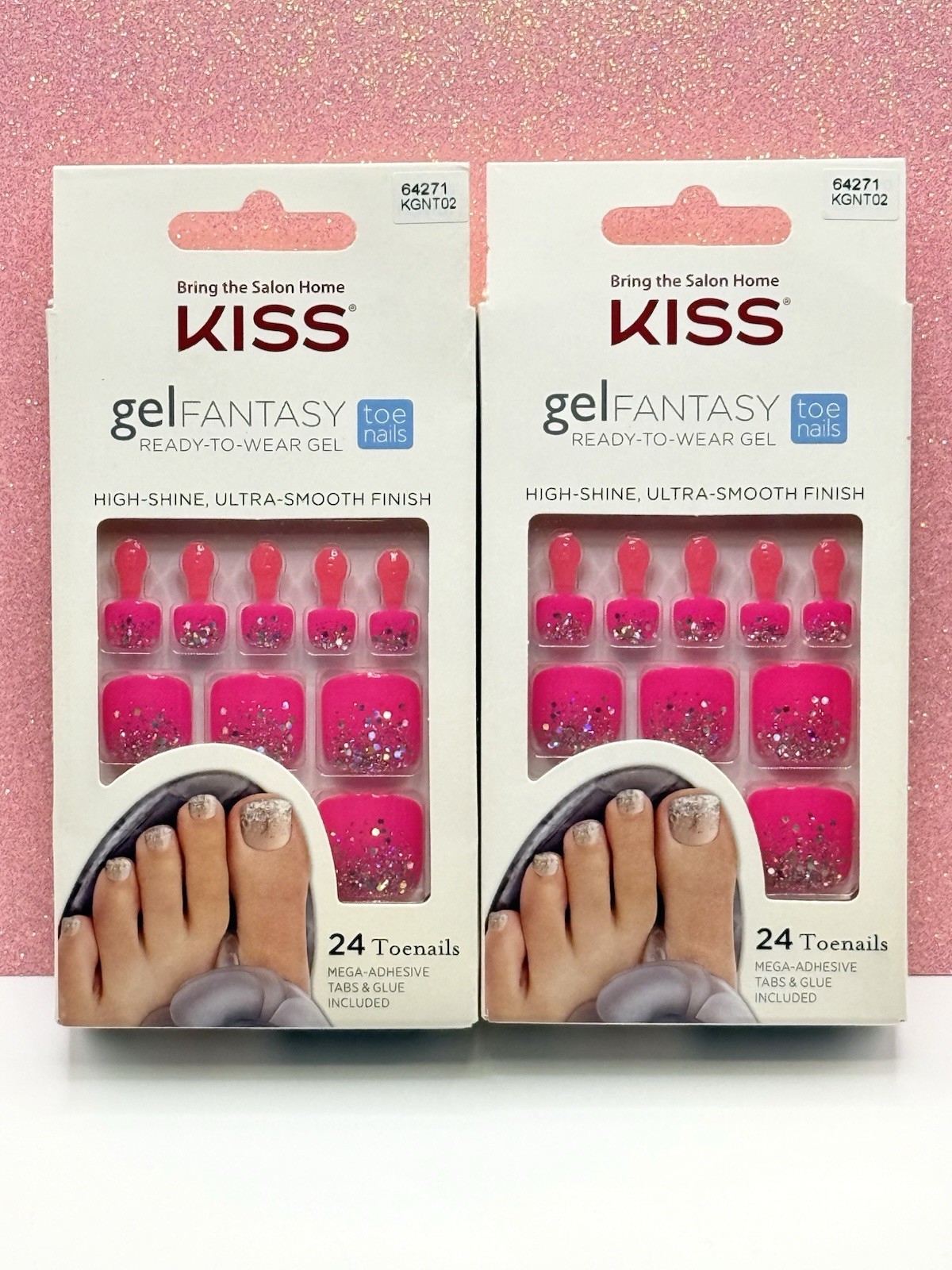 Kiss Gel Fantasy Press-On Toenails Pedicure Hot Pink Glitter 64271 Lot Of 2
