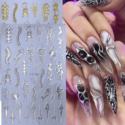 4 Sheets Goth Nail Stickers for Nail Art 3D Punk Style Black Belt Nail Art Q14