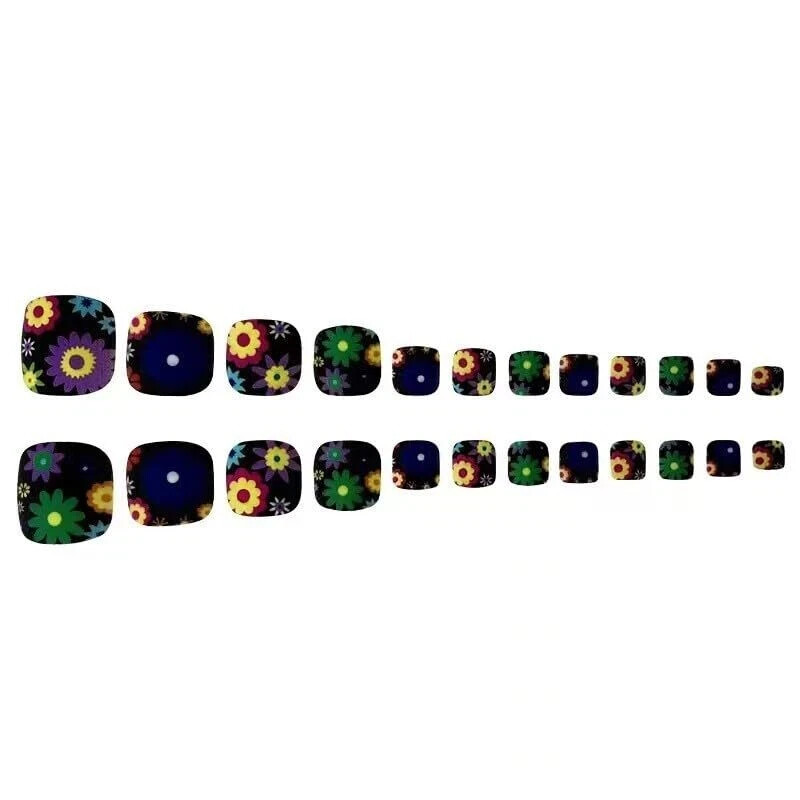 24 Pcs Summer Flowers Press on Toenails Short Square Black Colorful flowers