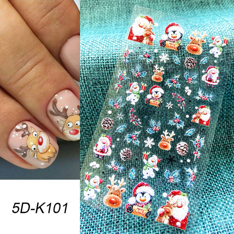 4set New Year Nail Art 5D Adhesive Stickers Embossed Color Christmas Nail Decals