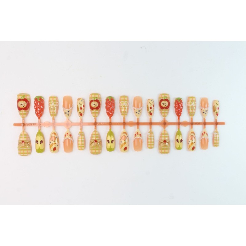 60P Short Almond Press on Nails, 3D Fruit Plaid Bow Cute Kawaii Fake Nails