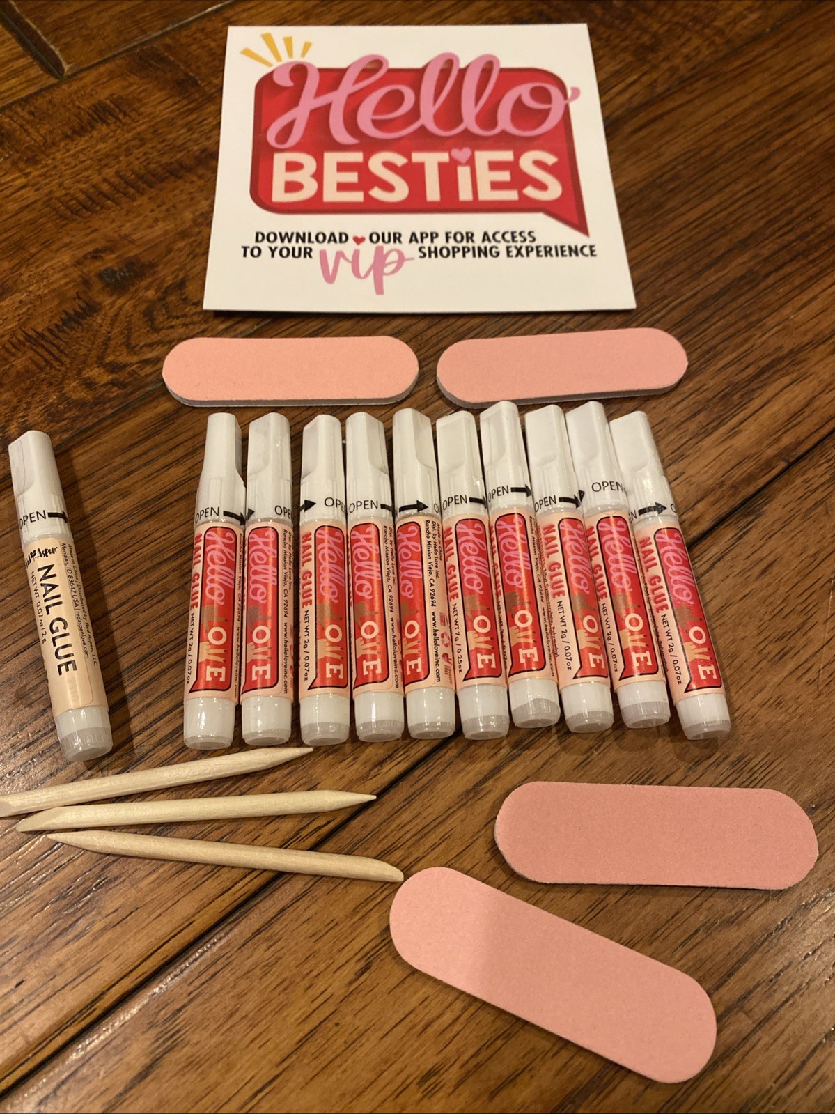 10 HELLO LOVE Press On Nail Glue 11 NEW 2g Tubes & 1 RED ASPEN, Emery Cuticle
