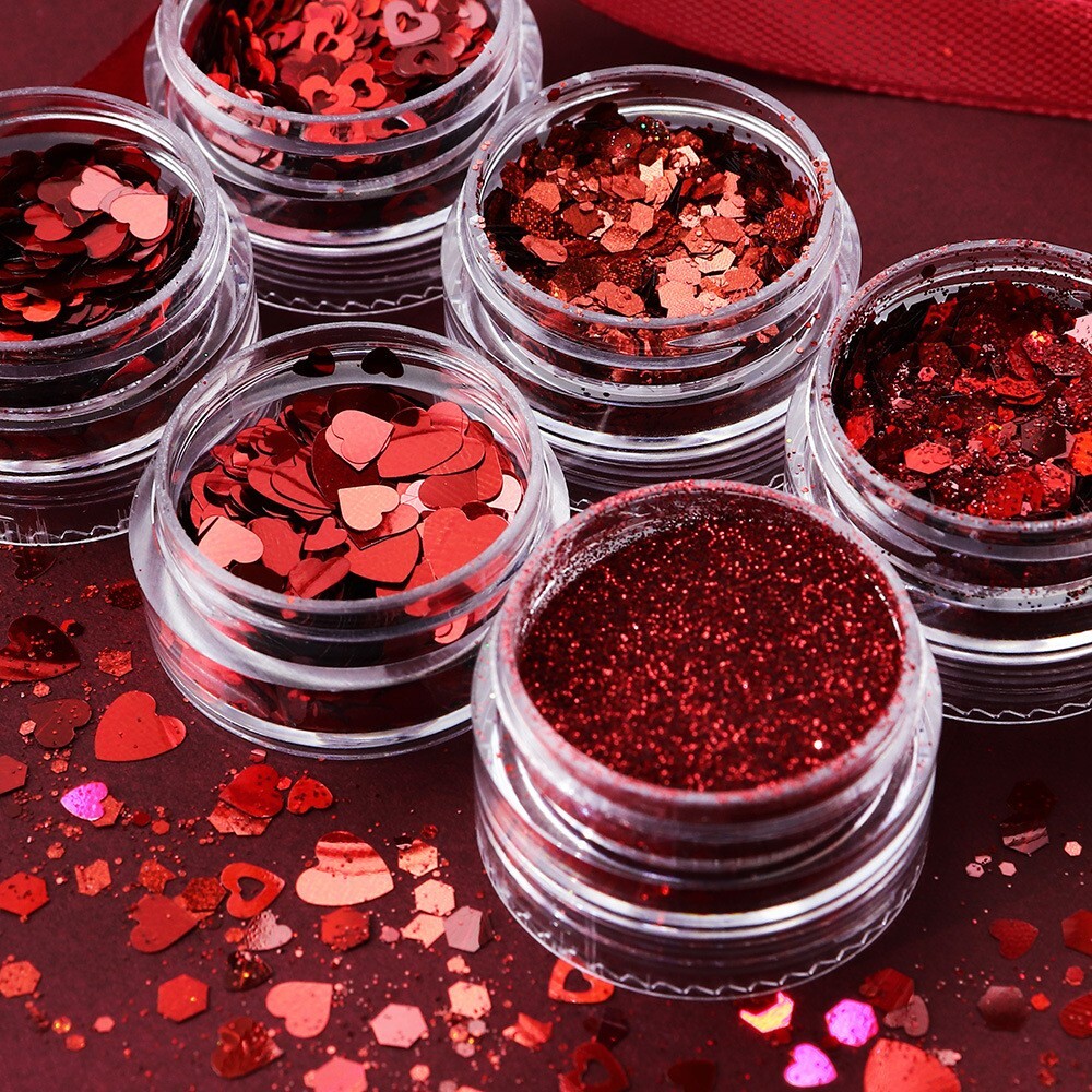 6 Pots Red Nail Art Powder Sequins Set for Valentine’s Day Glitter Flakes DIY De