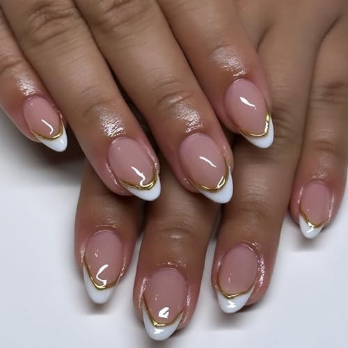 Medium Pink Almond Press on Nails – 3D Gold Stripes – White French