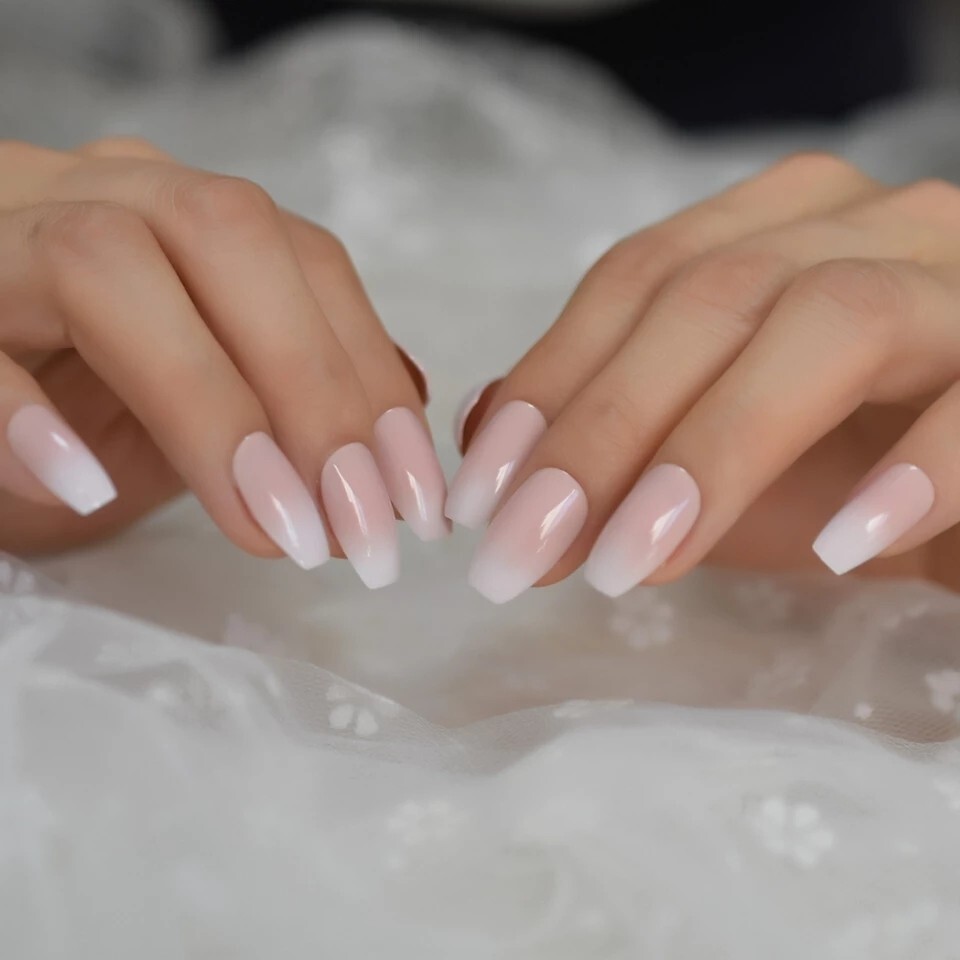 French tip ombre manicure press on nails kit with glue medium coffin nude