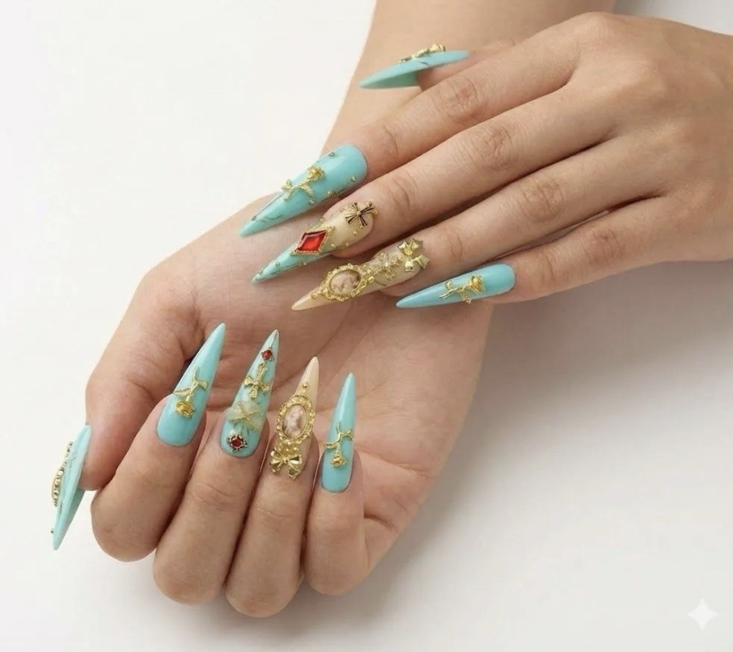 Artistic Nail Design Extra Long Stiletto Blue Gold 3D Luxury Press-On Nails Set