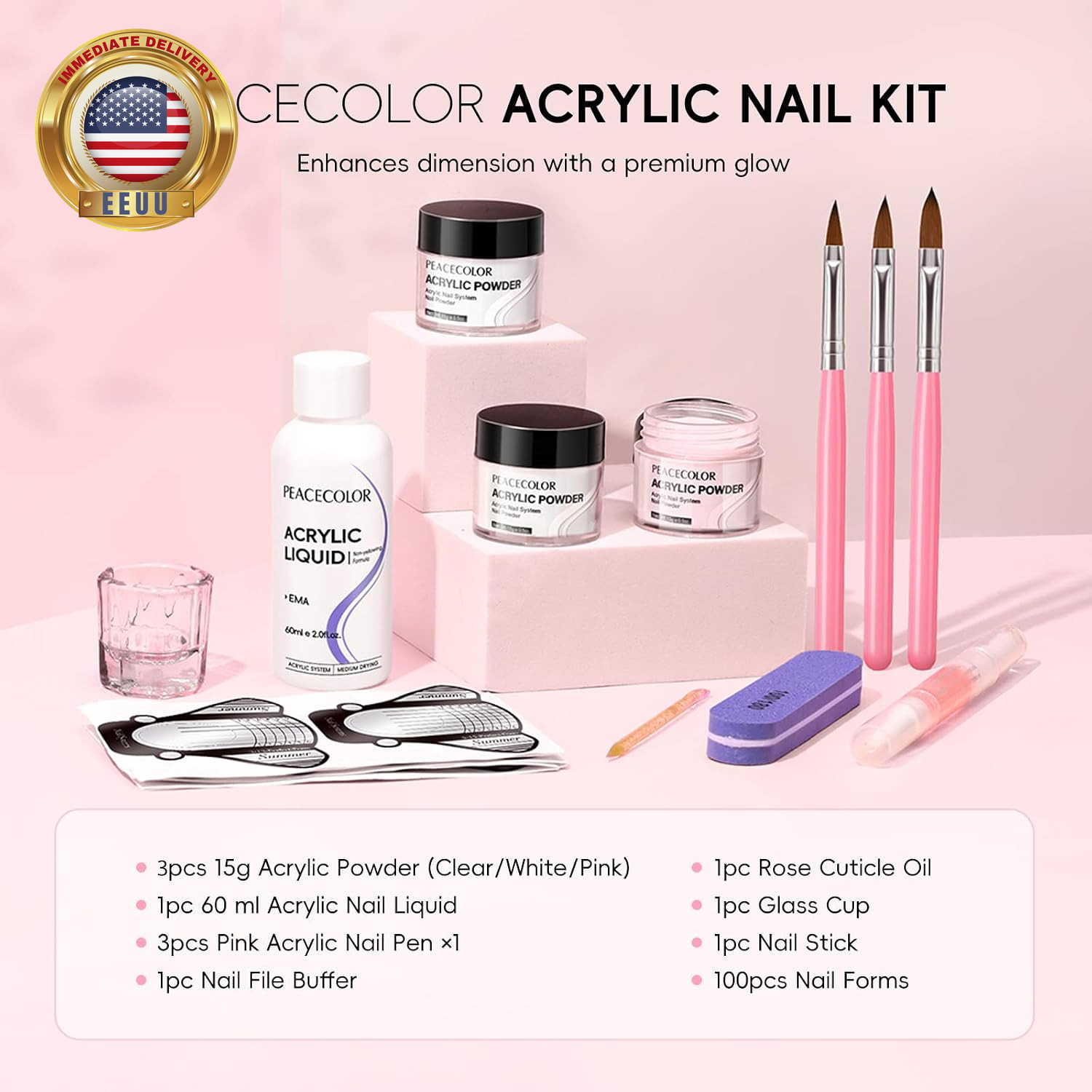 Acrylic Nail Kit ,Clear White Pink 15G Acrylic Powder and 60Ml Liquid Set Brush