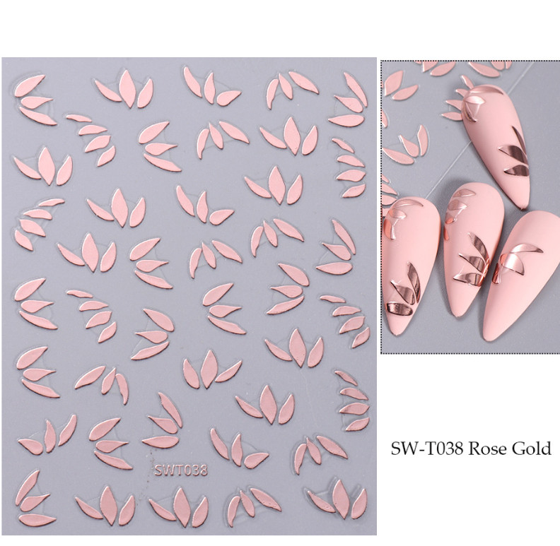 2Pcs 3D Leaf Metallic Ornament Geometric Rose Gold Nail Art Stickers SWT38 NS20