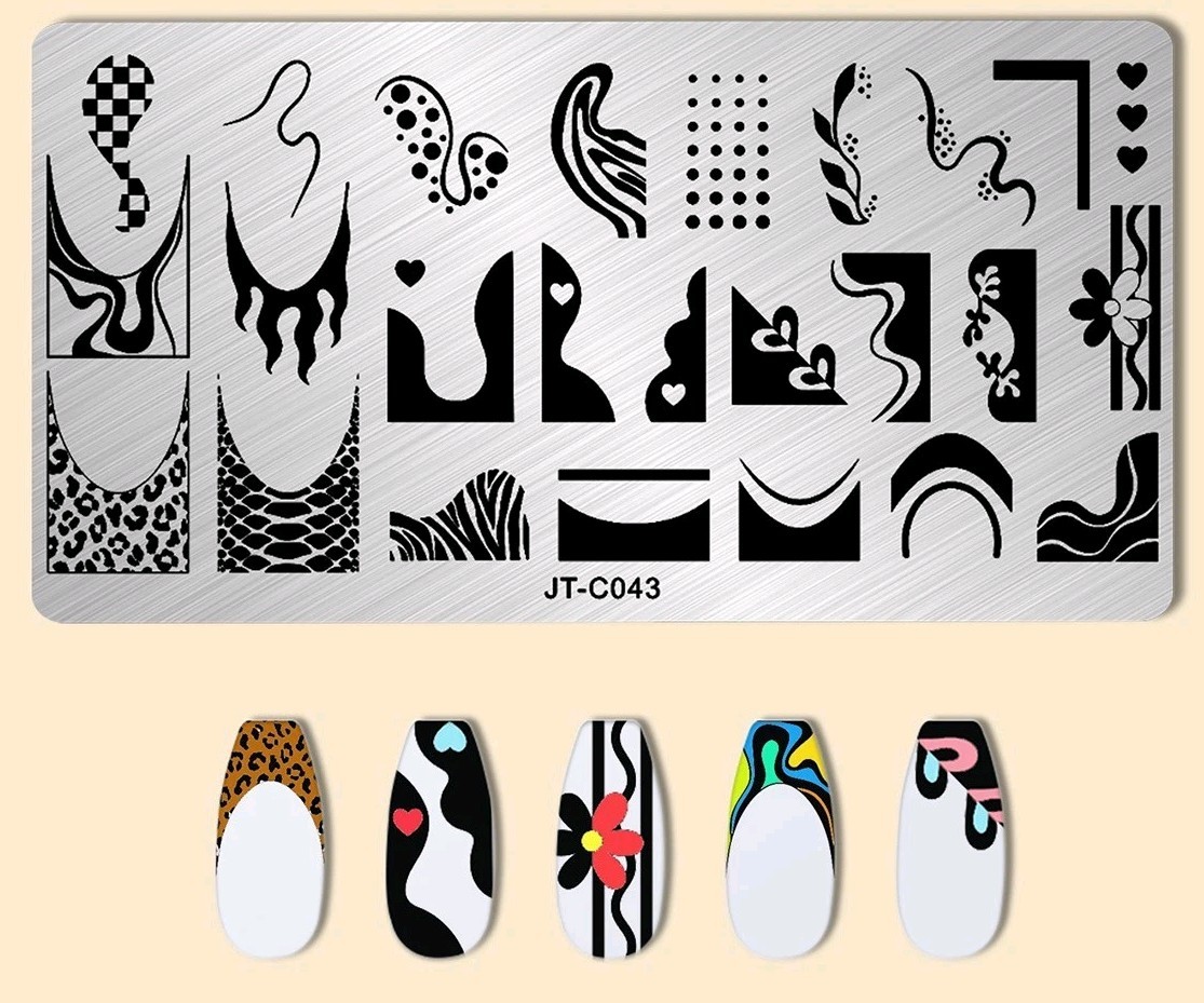 JT-C043 Nail Stamp Plate Swirl Leopard French Tip Heart Flame Fire Alligator