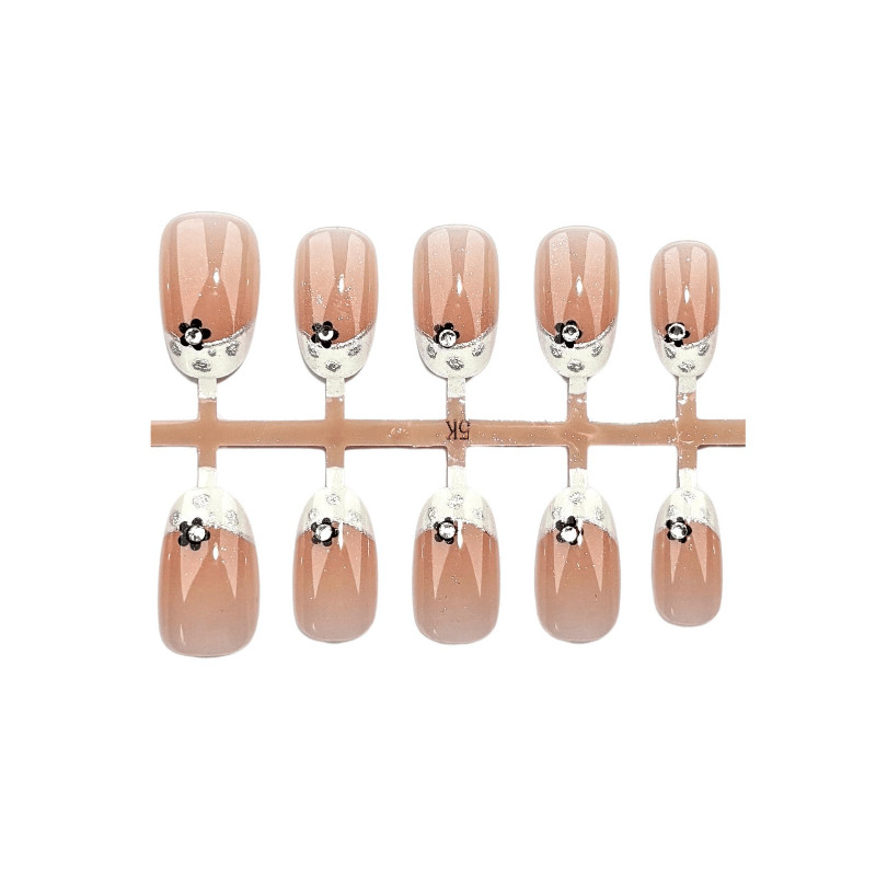 60pcs-Nude Press on Nails Short Round French Tip Black Flower Pearl Rhinestones