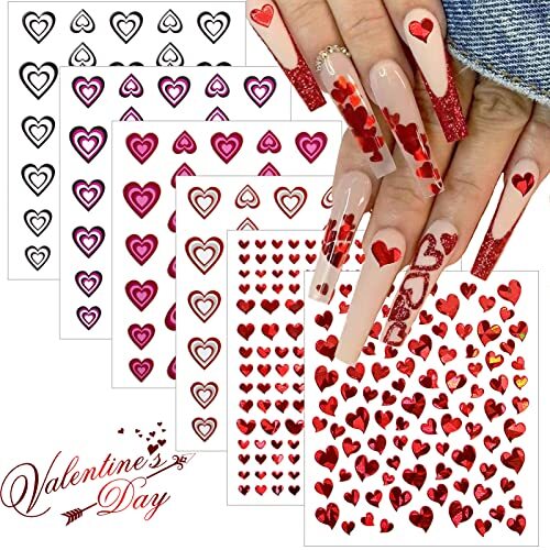 6 Sheets Heart Nail Stickers, Valentine’s Day 3D Red 6 Sheets，valentine’s Day