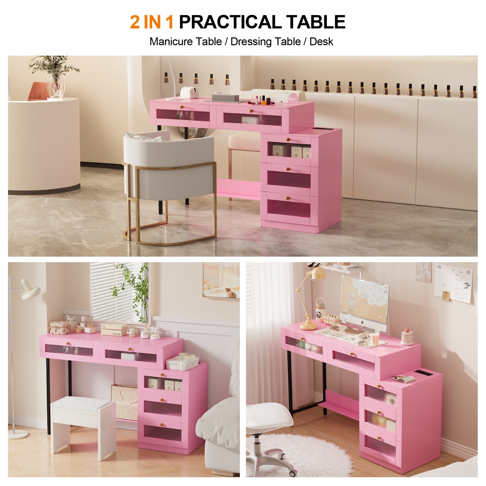Pink Manicure Table Nail Desk Nail Table Beauty Salon Station w/Storage Drawers