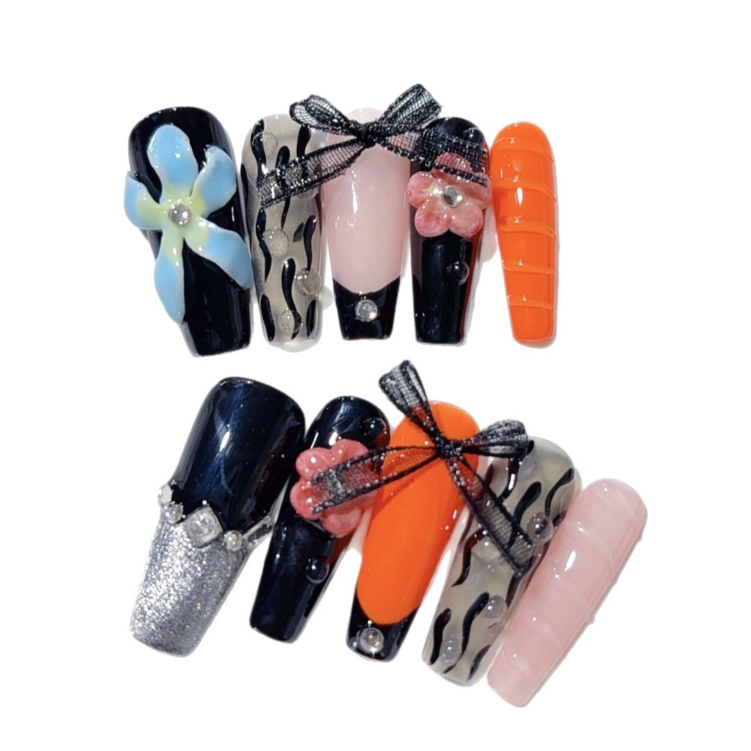 10Pcs Bow Rhinestone 3D Carved Long Coffin Press On Nails Dating Nail Tips