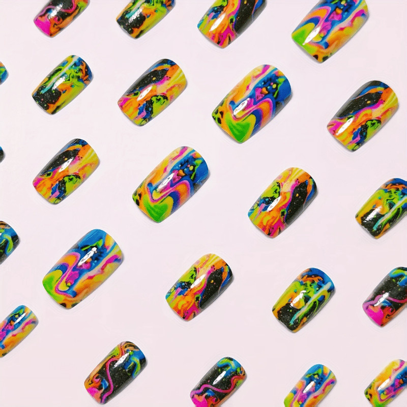 48Pcs-Black Base Square Press on Nails Neon Swirl Marble Glitter Trend Fake Nail