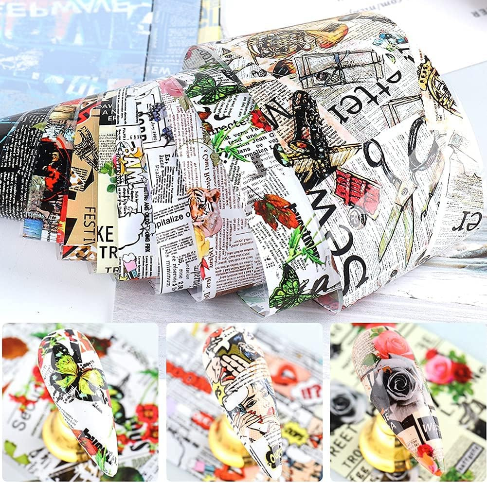 Retro Newspaper Nail Art Foil Transfer Stickers,Nail Art Supplies Holographic Na